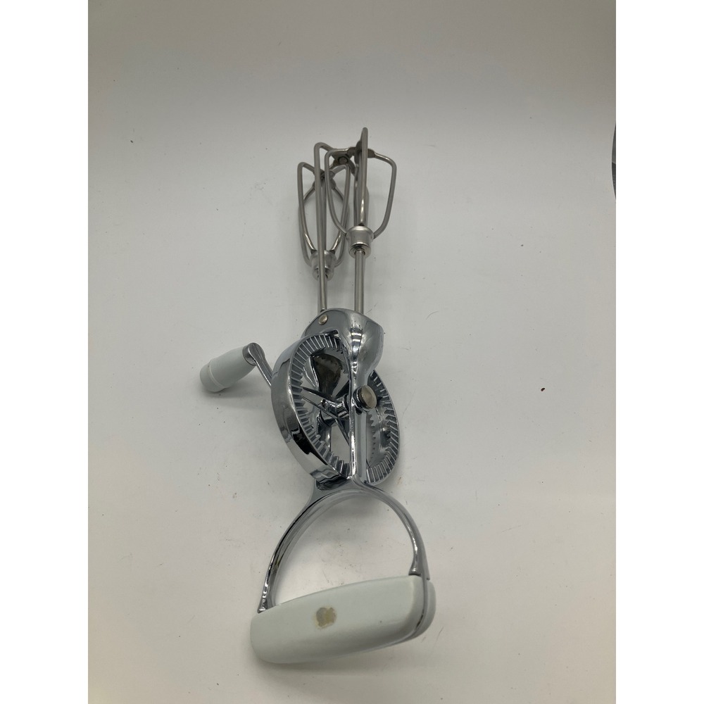 Vintage Hand Crank Egg Beater Chrome Rotary Manual Mixer White Handles 11 Inch